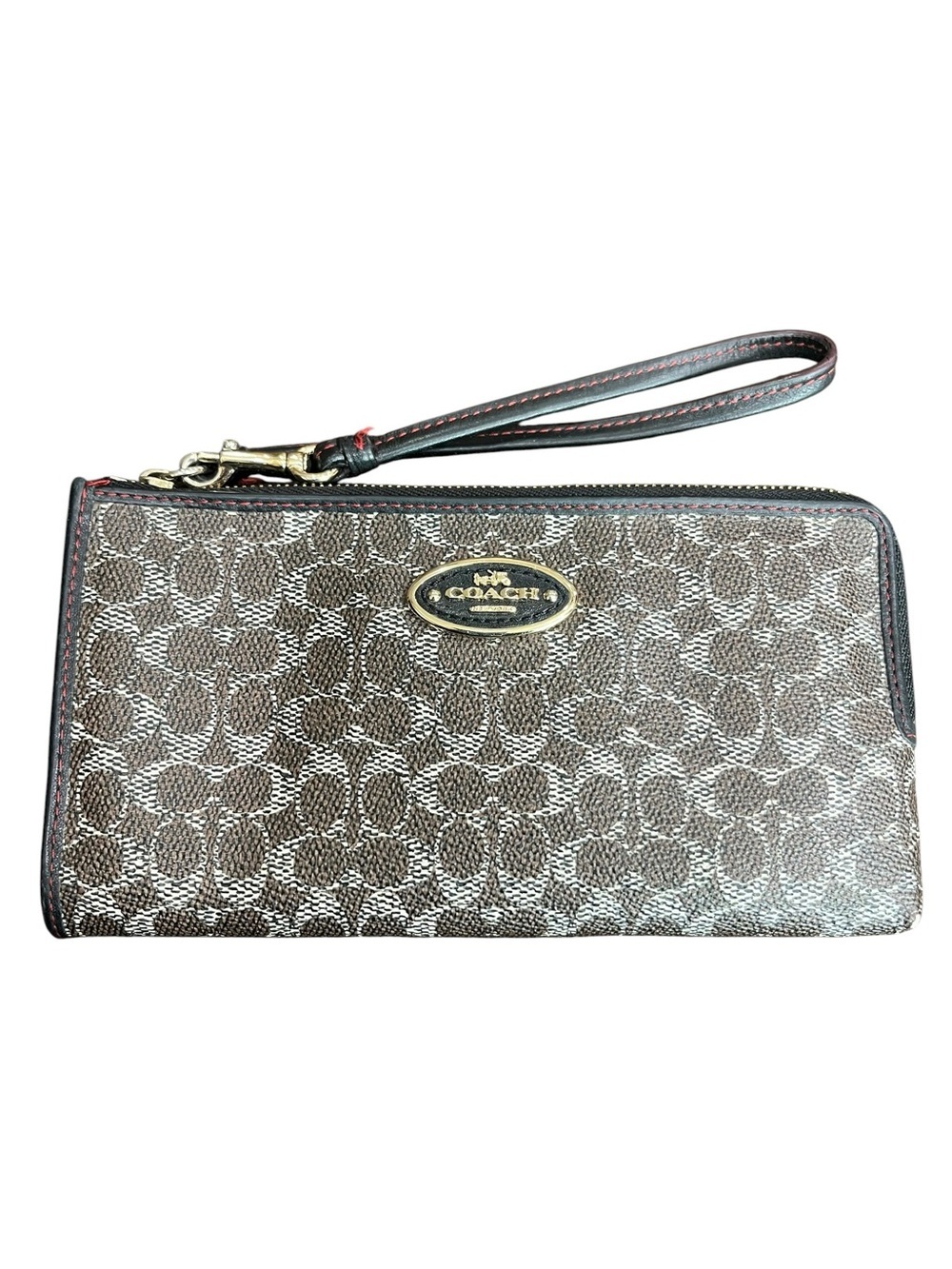 Coach Brown Signature Pattern Wristlet with Gold Logo